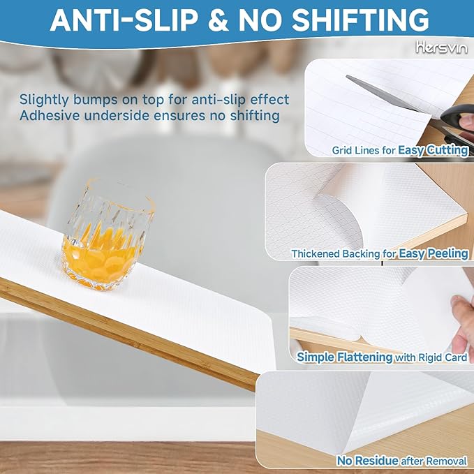 Shelf Liners 16 in x 20 ft Self-Adhesive EVA Drawer Mats, Cupboard Protector, Kitchen Cabinet Lining Fridge Liner (White Flat Dot, 40.7x610cm)