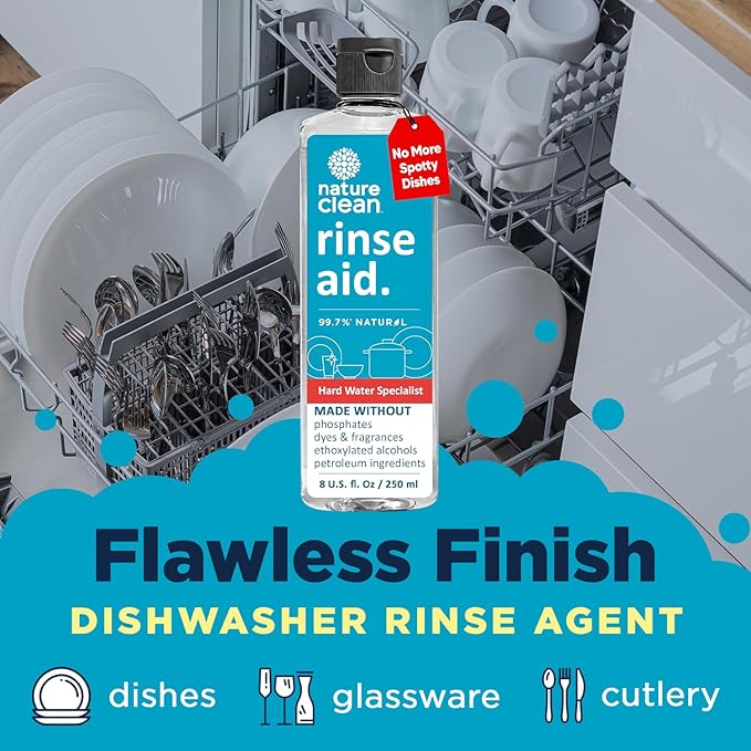 All Natural Dishwasher Rinse Aid Cleaner, Liquid Dishwasher Rinse Agent for Spot-Free Glass & Cutlery in Hard Water, Non Toxic Dish Washer Rinse Aid & Stain Remover, 8 oz/250ml, Pack of 12