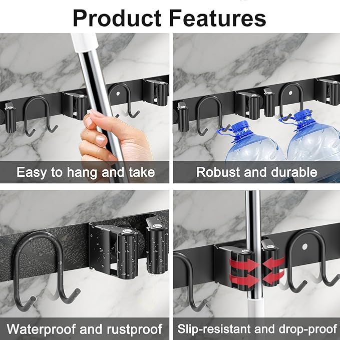 Broom Holder Wall Mount, 2 Packs Black Stainless Steel Tool Storage Organizer for Kitchen Garden Garage Laundry Room Bathroom and RV with 4 Slots 6 Hooks