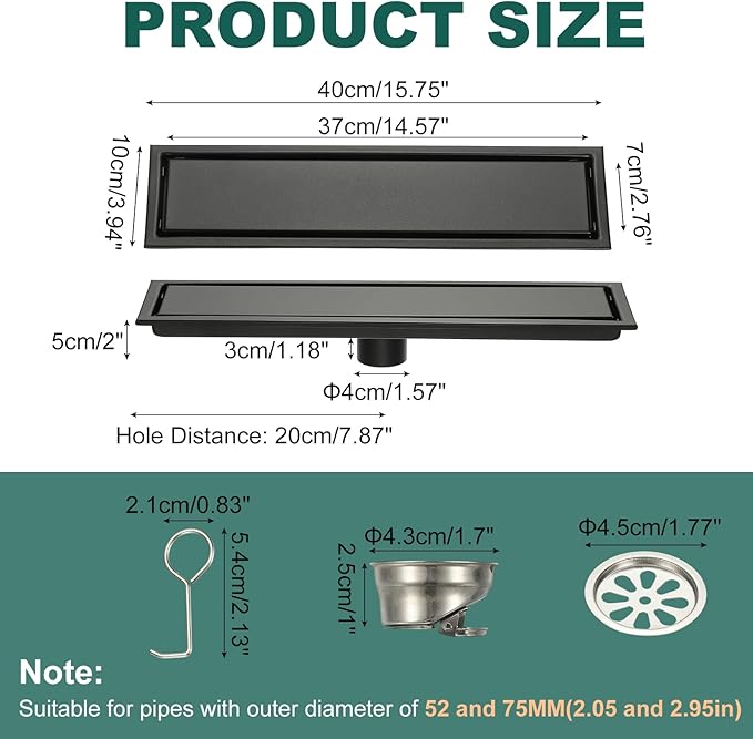 uxcell Rectangular Shower Drain, Brushed 304 Stainless Steel Odor-Proof Floor Drain Linear Shower Drain Hair Catcher for Bathroom Kitchen and Laundry Room(16 Inch, Black)