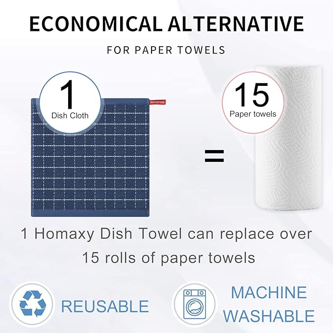 Homaxy 100% Cotton Terry Kitchen Dish Cloths, Ultra Soft and Absorbent Dish Towels for Kitchen, Suitable for Drying and Washing Dishes, 6 Pack, 12 x 12 Inches, Navy Blue