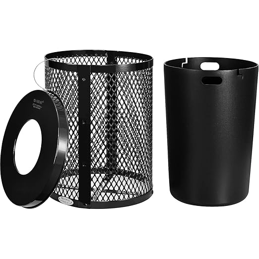 Global Industrial Outdoor Diamond Steel Trash Can with Flat Lid and Plastic Liner, 36 Gallon Capacity, Black, Thermoplastic Coating, 23-1/2" Diameter, 30" H