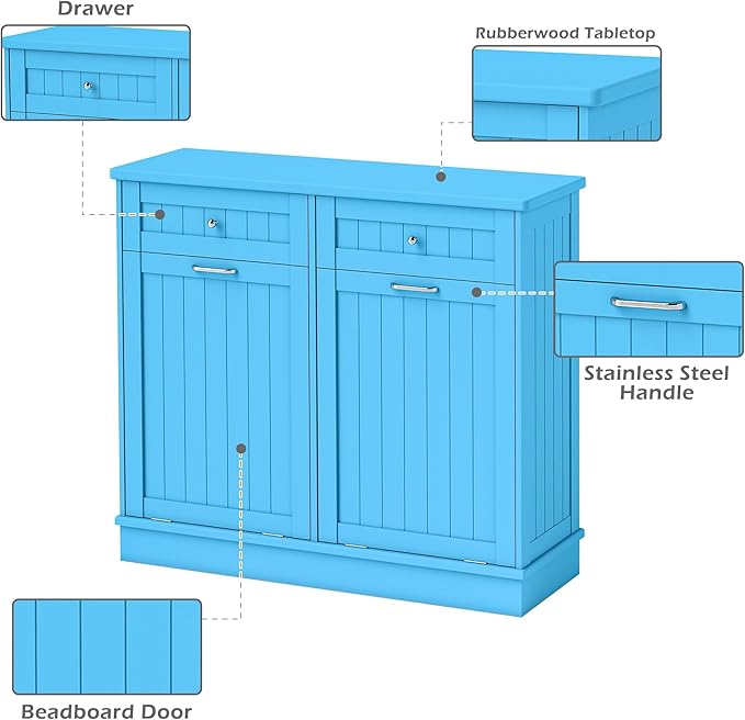 Betterhood Tilt Out Trash Cabinet 10 Gallon Wooden Free Standing Laundry Sorter Cabinet,Recycling Cabinet with Hideaway Drawer,Tilt Out Trash Cabinet Can Bin Kitchen (Double Light Blue, Double Door)