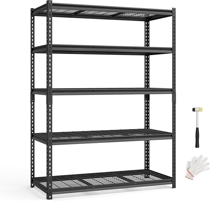 SONGMICS 5-Tier Storage Shelves, Heavy-Duty Garage Shelving, Adjustable Shelving Unit, Steel Shelf, Boltless Assembly, for Garage, Shed, 2,200 lb Load, 24 x 48 x 72 Inches, Ink Black UGLR454B01