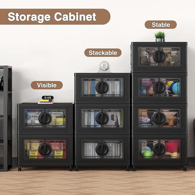 BROVIEW 480Qt Lockable Stackable Storage Bins with Lids, Closet Organizers and Storage Drawer, Collapsible Storage Bin with Wheels, Plastic Cabinet for Toy Clothes Dorm Organizer, V9 4 Pack Black