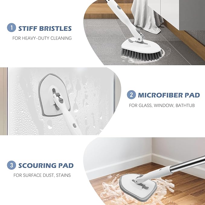 SetSail Floor Scrub Brush, 3-in-1 Tile Tub Floor Scrubber with 52-inch Adjustable Long Handle Shower Cleaner Brush and 4 Detachable Replacement Brush Heads for Cleaning Bathroom Tub Tile, White