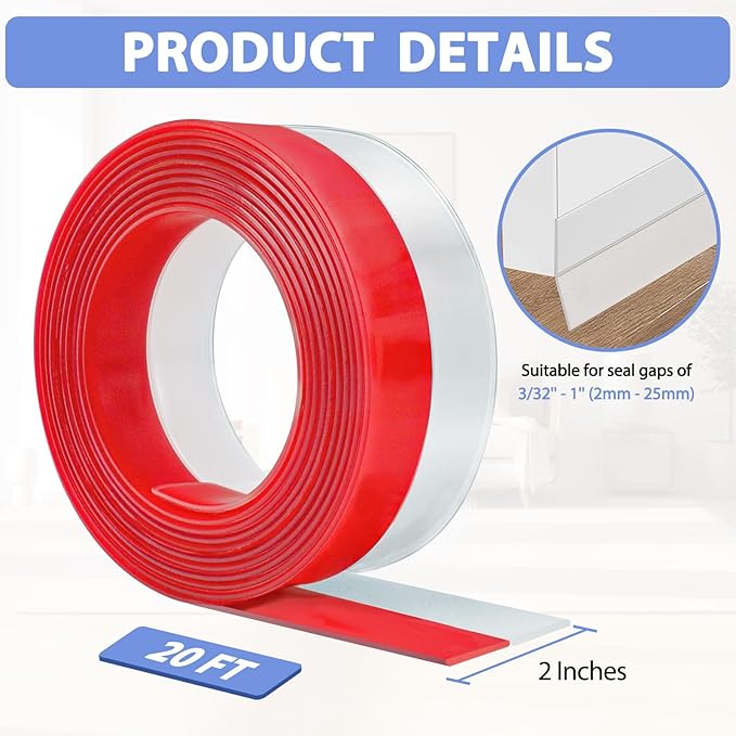 Weather Stripping Door Draft Stopper Flexible Self Adhesive Silicone Door Seal Strip for Glass Doors Windows and Shower Glass Gaps, 2 Inch Wide X 20 Feet Long, Clear