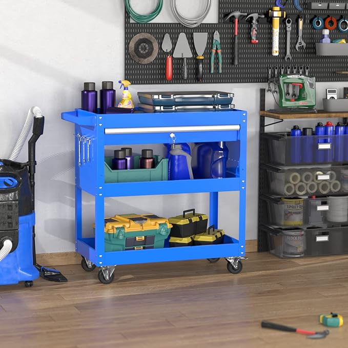 3 Tier Rolling Tool Cart Utility Cart on Wheels, Heavy Duty Tool Chest Storage Tool Box Cart, Industrial Mechanic Service Cart with Locked Drawers for Garage, Warehouse, Repair Shop, Workshop Blue