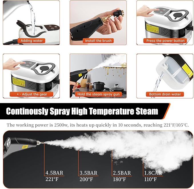 High Pressure Steam Cleaner, 2500W Portable High Temp Bathroom Power Steamer Cleaning Machine Steam Cleaner For Home Use Kitchen Grease Car Cleaning
