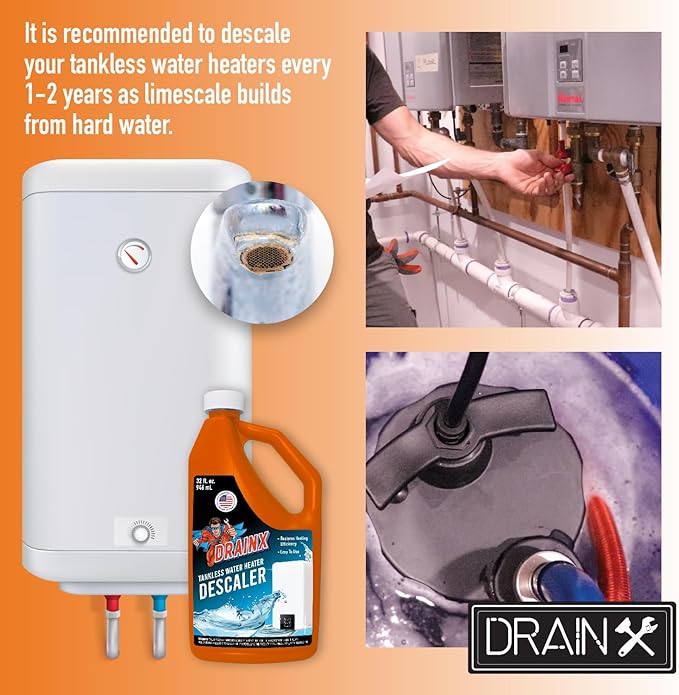 DrainX Tankless Water Heater Flush Kit Includes 4 Quarts of Eco Friendly and Powerful Liquid Descaling Solution for 4 Uses, 5 Gallon Bucket and 1/6HP Extra Strength Pump