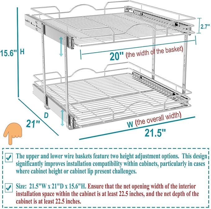 OCG 2 Tier Pull Out Cabinet Organizer (21.5" W x 21" D), Pull Out Drawers for Kitchen Cabinets, Pull Out Shelves for Base Cabinet Organization in Kitchen Bathroom Pantry, Chrome Finish