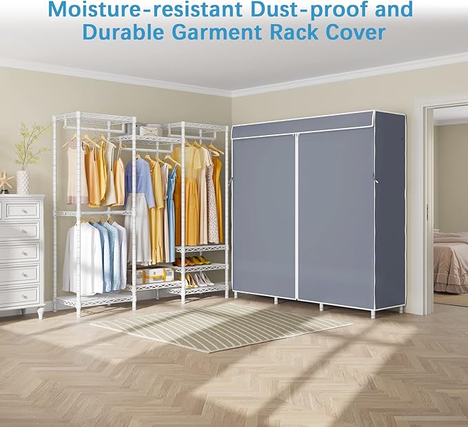 VIPEK V5C Covered Clothes Rack Heavy Duty Portable Closet Wardrobe, Freestanding White Metal Clothing Rack with Grey Oxford Fabric Cover, Adjustable Custom Closet Rack, 57.9" Lx17.3 Wx76.4 H (Medium)