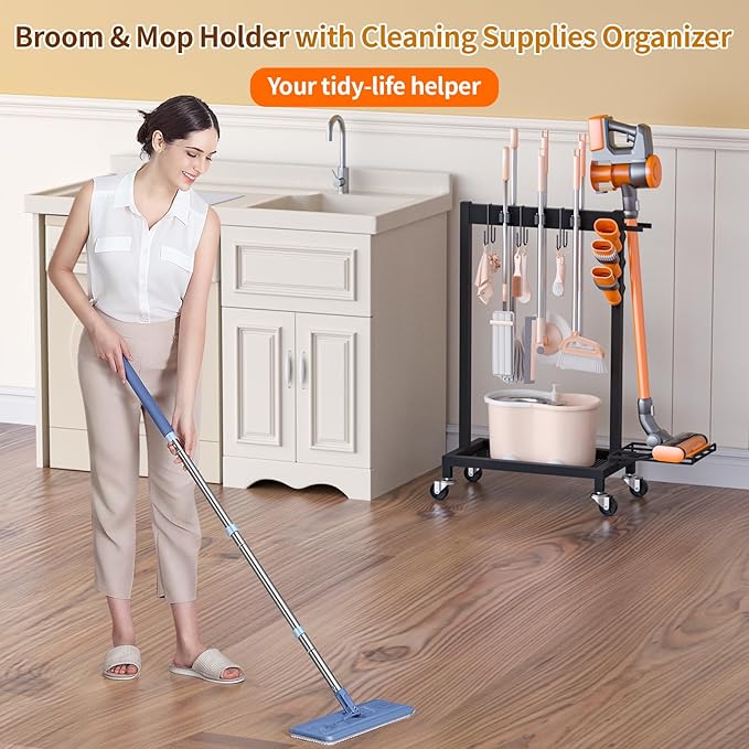 Cleaning Supplies Organizer with Broom Holder Load 160 LBS Cleaning Cart with Wheels Broom Closet Storage with 6 Mop Hanger Grippers, 3 Double-Hooks, Vacuum Stand for Laundry Garage Organization