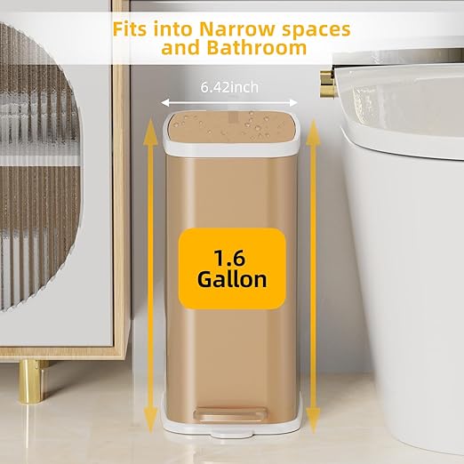 Champagne Gold Bathroom Trash Can with Lid Soft Close,1.6 Gallon Slim Garbage can,Small Metal Step Wastebasket for Office, Bedroom, Toilet, Live Room