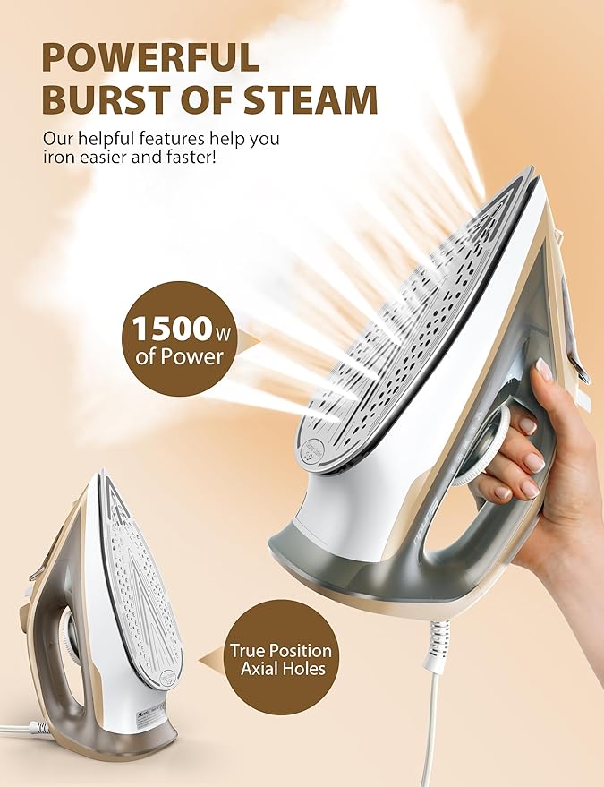 Steam Iron for Clothes Rapid Heating, 1500W Iron with Non-Stick Ceramic Soleplate, Auto-Off, Burst of Steam, 500 Microsteam Holes, Self-Cleaning, 12.31oz Water Tank Ironing Clothes for Home