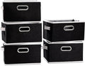 PRANDOM Fodable Storage Baskets for Closet [5-pack] Decorative Fabric Storage Bins Cubes with Leather/Metal Handles for Shelves Bedroom Living Room Black (11.5x8.5x6.7 Inch)