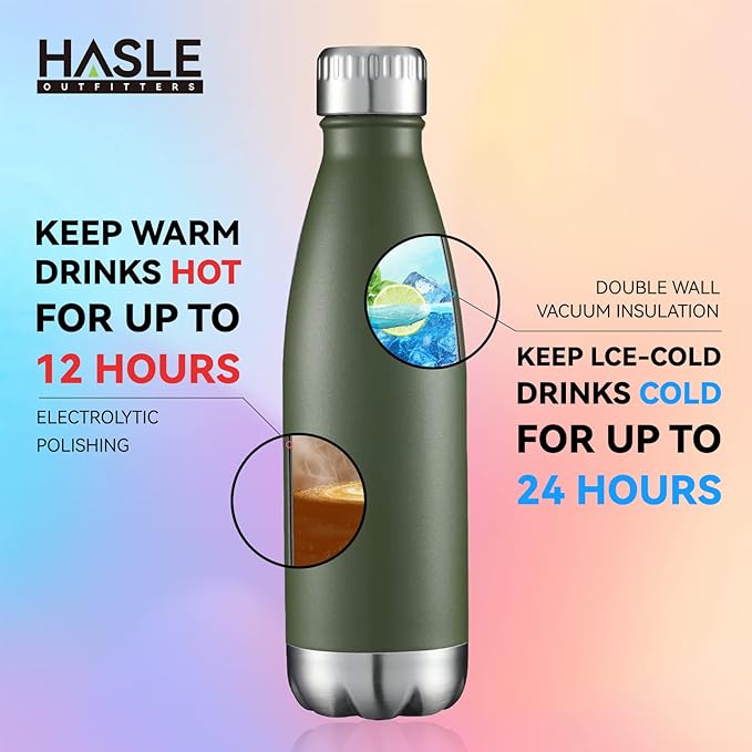 HASLE OUTFITTERS 17oz Stainless Steel Water Bottles Bulk, Vacuum Insulated Water Bottles Double Walled Powder Coated Reusable Metal Sports Water Bottles Keep Drinks Hot and Cold, ArmyGreen, 4Packs