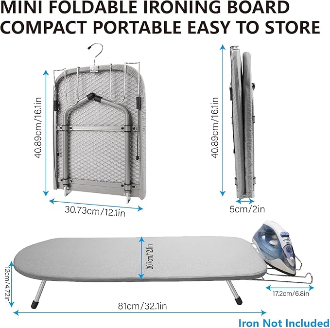 Metal Tabletop Ironing Board with Iron Rest, Portable Ironing Board Small with Heat Resistant Cotton Cover, Mini Iron Board for Small Space and Travel, 32 x 12 Inch (Black)