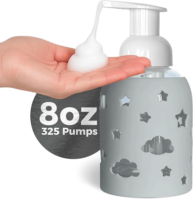 SoCal Suds & Company Glass Foaming Hand Soap Dispenser, Soft Grip Silicone Sleeve, Refillable Pump Bottle for Kids, Baby Wash & Shampoo, Ideal for Home Use, Light Grey 8oz