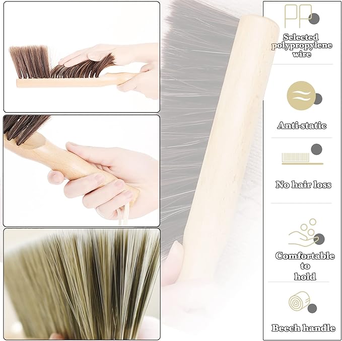 Hand Broom Beech Wood Brush,Dust Brush,Duster for Counter,12inch Foxtail Bench Brush, Round Handle Handheld Brushes,5 Rows Soft Bristles for Bed,Shop Table,Woodworking Cleaning,Car,Sofa,Furniture