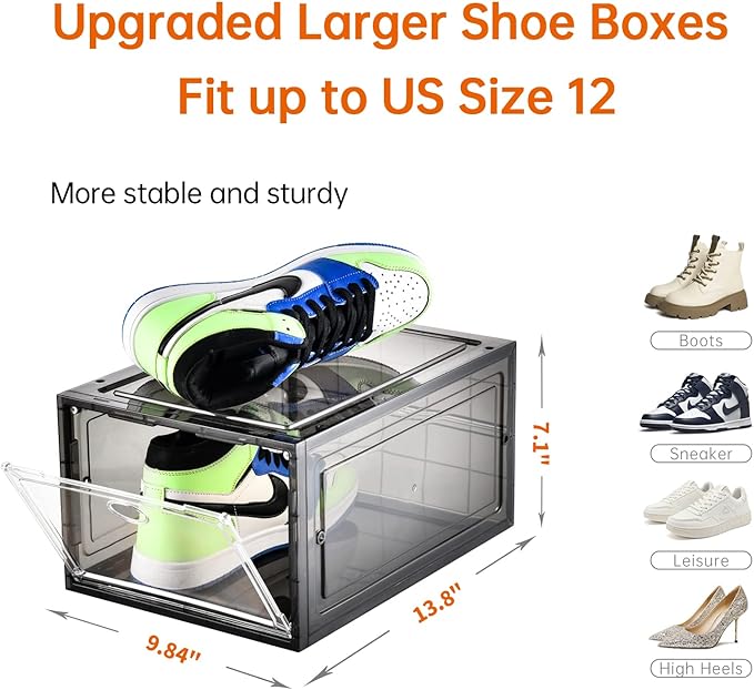 12 Pack Shoe Boxes Stackable,Upgraded Sturdy Shoe Storage Boxes with Clear Magnetic Door,Multifunctional Sneaker Storage, Shoe Box Organizer Fit up to US Size 12 Gray(13.8”x 9.84”x 7.1”)