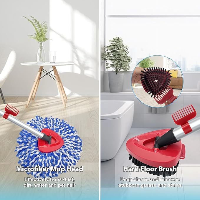 2 Pack Spin Mop Heads Replacement Compatible with O Cedar RinseClean 2 Tank, Upgraded Scrub Brush,4 Section Mop Handle and 1 Base Combo Set, Microfiber Replace Head Refill