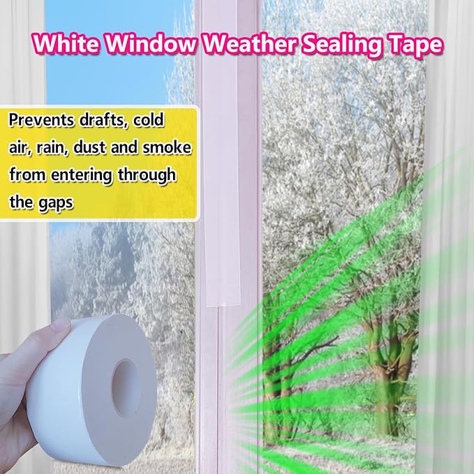 White Window Weather Sealing Tape, Waterproof Window AC Air Conditioner Sealing Tape Can Keep Out Drafts Cold Air Rain Dust Smog(2IN X 99FT)