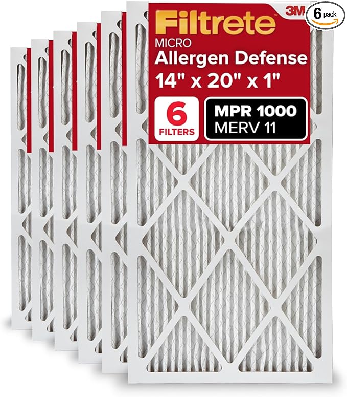 Filtrete 14x20x1 AC Furnace Air Filter, MERV 11, MPR 1000, Micro Allergen Defense, 3-Month Pleated 1-Inch Electrostatic Air Cleaning Filter, 6 Pack (Actual Size 13.81x19.81x0.81 in)