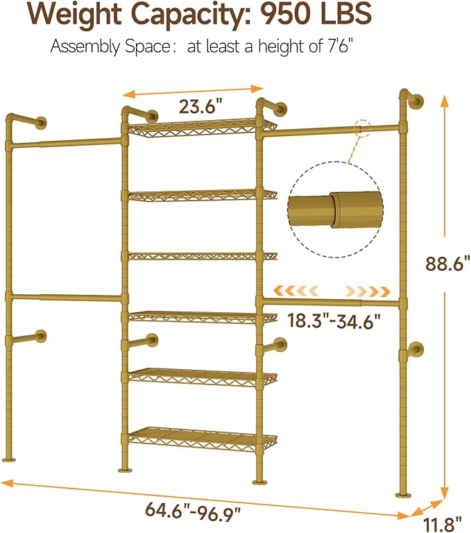 ONBRILL H3 Wall Mounted Closet System, Expandable Industrial Pipe Clothes Rack Clothing Rack for Hanging Clothes, Heavy Duty Closet Organizers and Storage in Wardrobe Closet, Gold