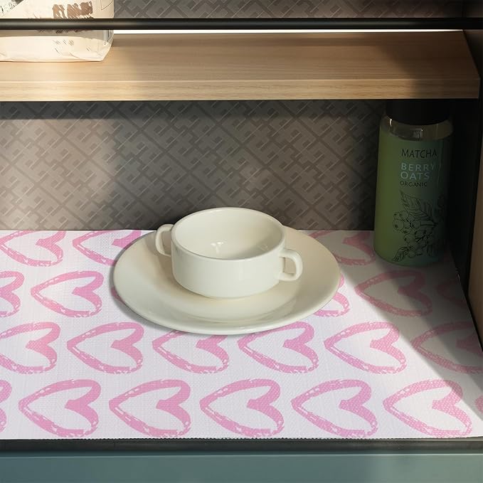 Pink Heart Drawer Liner for Cabinets, Shelf Liner Non-Adhesive and Strong Non-Slip Cabinet Drawer Liners for Kitchen,Table,Bookshelves,Waterproof Cupboard Liners,12IN x 10FT