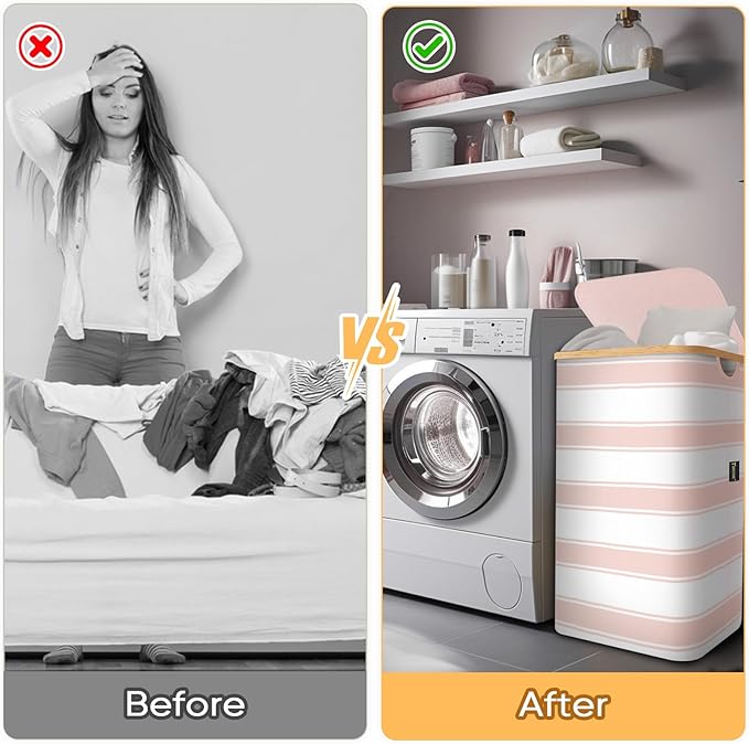 BALEINE Laundry Hamper with Lid, Tall Laundry Baskets with Bamboo Pull Handles, Large Laundry Bin with Internal Support (18 Gal/70L, Pink Stripe)