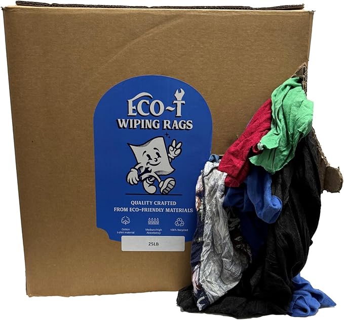 25 Lb Box Eco-T Mechanic Shop Rags - Colored T-Shirt Material, 100% Recycled, Eco-Friendly, High Absorbency, Low Lint, Low-Cost, Industrial Use Wiping Cloth