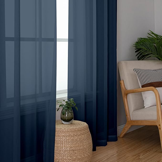 Chyhomenyc Voile Sheer Curtain Panels 54in Long 2 Pack, Short Bathroom Window Curtains for Small Window/Living Room/Guest Room/Basement, Airy Light Filtering Drapes, 42W x 54L inch, Navy Blue