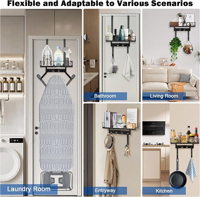 Ironing Board Hanger, Metal Over The Door or Wall Mounted Ironing Board Caddy, Ironing Board Storage Shelf with Adjustable Hooks for Laundry Room, Living Room, Bathroom (Matte Black)