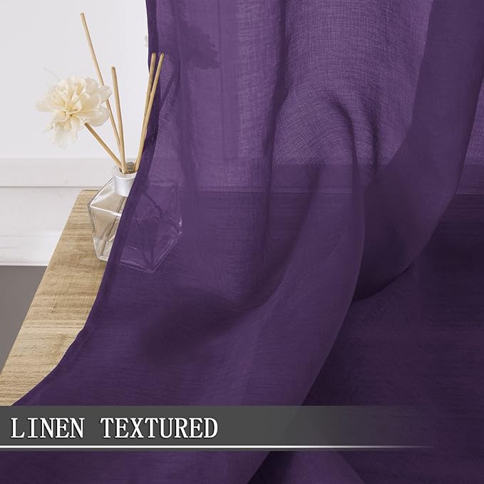 Tollpiz Sheer Curtains Living Room Linen Textured Curtain Sheers Light Filtering Voile Rod Pocket Curtains for Bedroom, 38 x 63 inches Long, Royal Purple, Set of 2 Panels