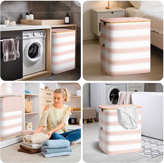 BALEINE Laundry Hamper with Lid, Tall Laundry Baskets with Bamboo Pull Handles, Large Laundry Bin with Internal Support (18 Gal/70L, Pink Stripe)