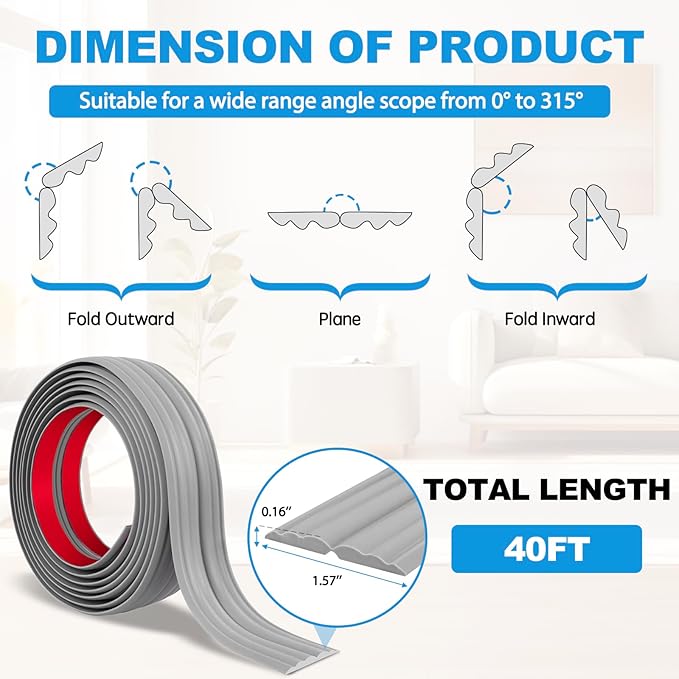 Wall Corner Protector Peel and Stick Corner Trim Molding Flexible Inside & Outside Wall Edge Guard Self Adhesive Moulding Trim for Edge Use, Gray, 1.6” W x 40’ L