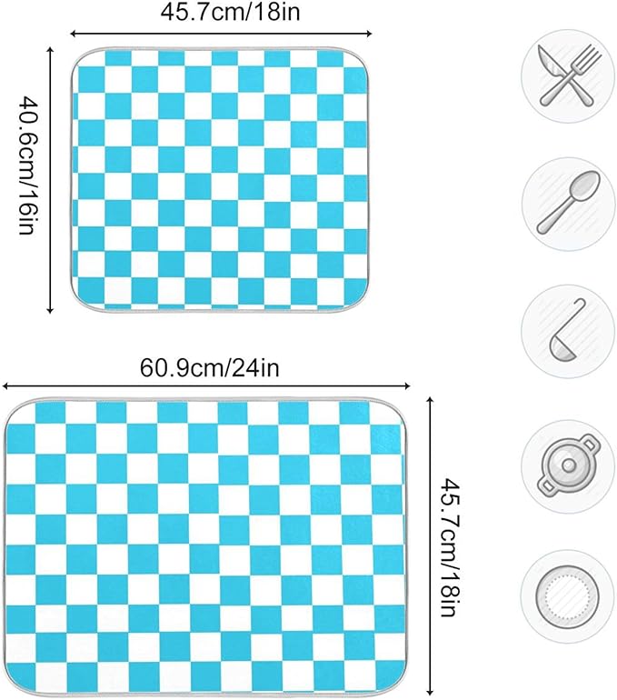 Turquoise Chessboard Dish Drying Mat for Kitchen Countertop 16x18 Teal Plaid Checkered Rectangle Small Drying Mat Reusable Quick Dry Dish Sink Absorbent Mats Easy Clean Decorative Home Essentials