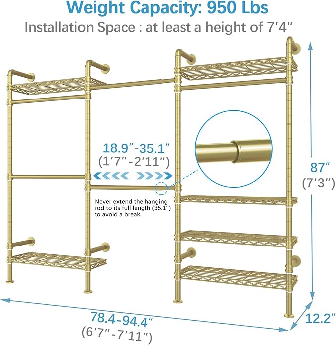 Timate F3 Garment Rack Heavy Duty Clothes Rack for Hanging Clothes, Expandable Industrial Pipe Wall Mounted Clothing Rack, Adjustable Storage Closet Wardrobe Closet Kit Walk in Closet Systems, Gold