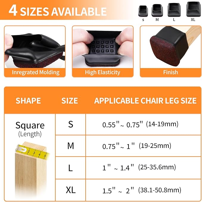 Ezprotekt 8 Pcs Extra Large Square Chair Leg Floor Protectors, Silicone Felt Furniture Pads for Hardwood Floor, Dining Table Bar Stool Leg Protectors Leg Cups Covers (XL Fit: 1.5" - 2", Black)