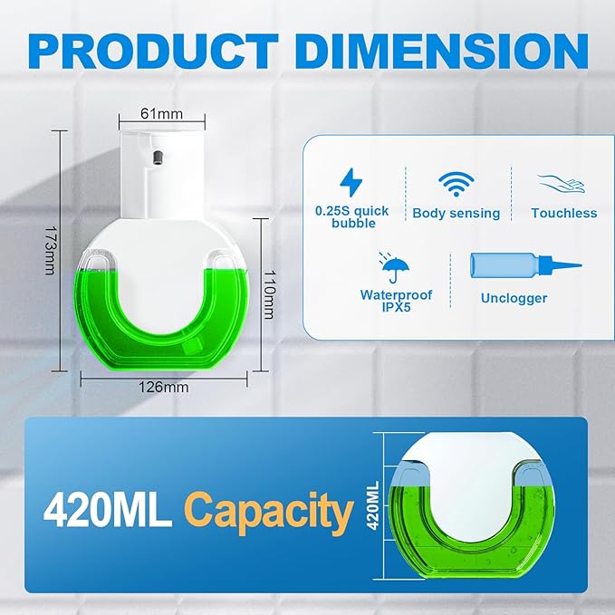 Automatic soap dispenser touchless 15oz/420ml Kitchen Dish Automatic Liquid Soap Dispenser 4 Adjustable Soap Dispensing Levels Wall Mount for Kitchen and Bathroom, Liquid Hand Soap Dispenser