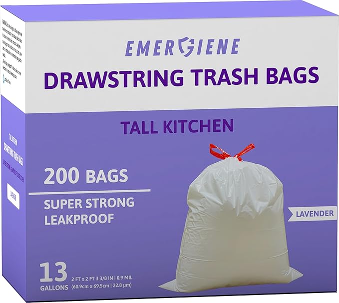 13 Gallon Drawstring Trash Bags, Lavender Scented 200 Count Tall Kichen Garbage Bags, Pre-Separated, Odor Control, Ultra Strong, Leakproof, Sturdy, White