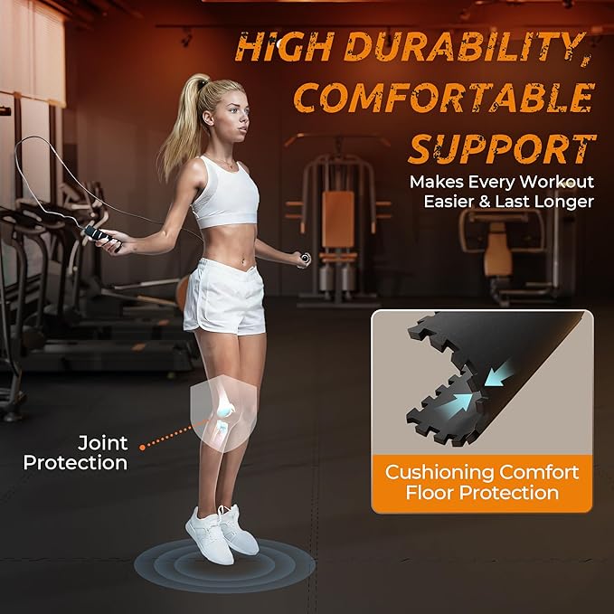 PRAISUN 0.6" Thicker Gym Mat, 24 Tiles 96 Sq Ft Workout Mats, Interlocking Foam Tiles with Rubber Top, High Density EVA Foam, Exercise Mat, Gym Flooring for Home Gym, Garage, 24 x 24in, Black