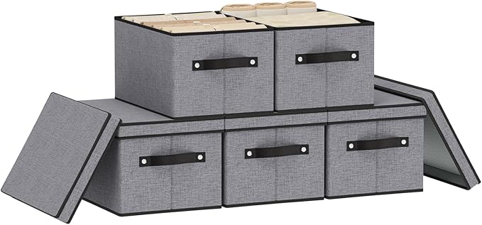 Fabric Storage Boxes, 7.1 x 9.1 x 13 Inch Baskets for Shelves with Lids, Wardrobe Organiser with Handles, Decorative Linen Closet Organizer Bins, Gray, 5 Pack