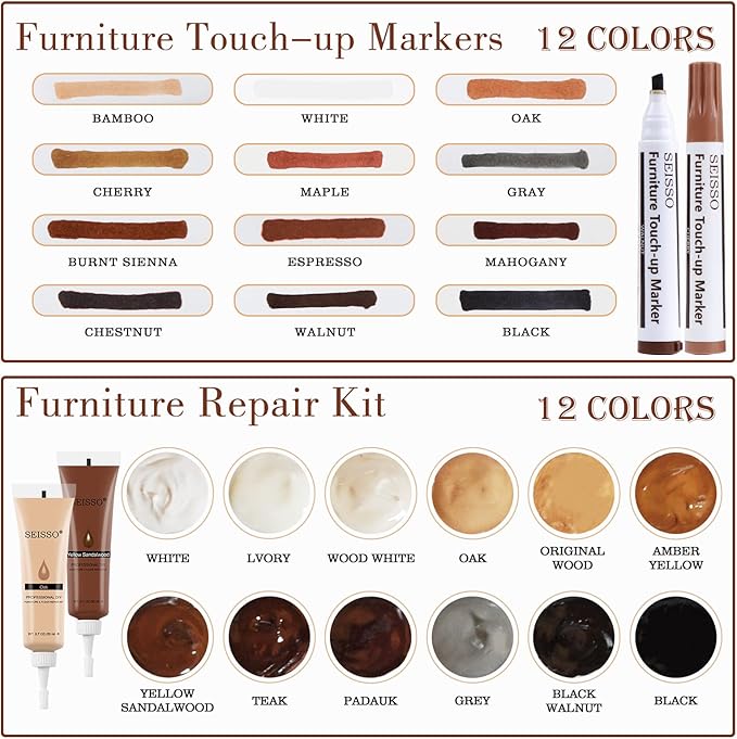 SEISSO Wood Furniture Repair Kit, Wood Filler and Touch Up Markers, Set of 28 Laminate Vinyl Floor Repair Kit for Scratches, Cracks, Holes, Discoloration for Door, Floor, Table, Cabinet