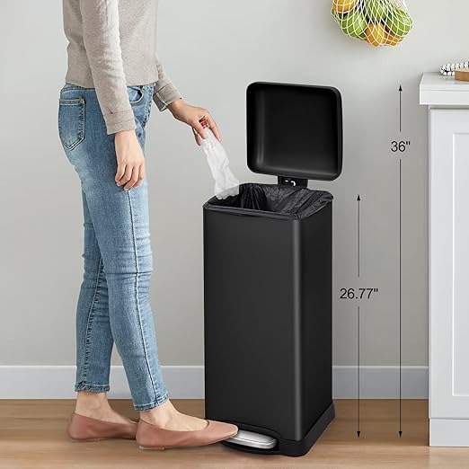 8 Gal/30L Slim Trash Can, Rectangular Step-On Stainless Steel Garbage Can, Soft-Close Lid, Anti-Fingerprint Surface, Recycling Bin with Removable Inner Basket, for Kitchen Dining Room, Black