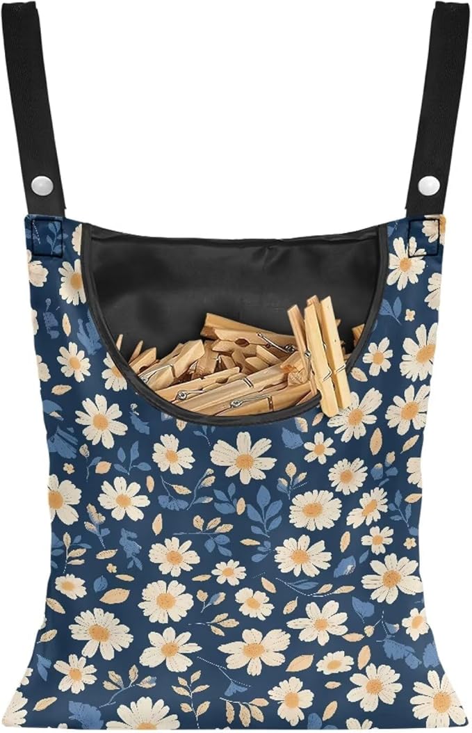 Clothes Pin Hanging Bag with Big Opening Storage Clothes Pins & Mini Clothespins, Hanging Laundry Bag Fits Retractable Clothes Line Outdoors - Daisy Print