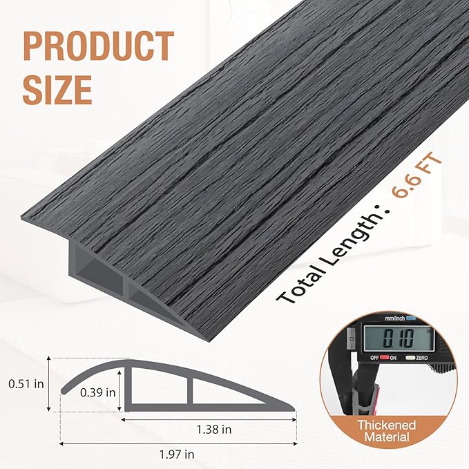 Floor Transition Strip Self Adhesive Vinyl Door Threshold for Doorways Carpet Edging Trim Overlap Edge Reducer for Laminate Floor, Carpet, Tile (Deep Gray Wood Grain, 1/5" to 2/5", 6.6Ft)