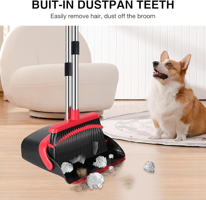 NACENA Broom and Dustpan Set, 52-in Long Adjustable Handle Broom Dustpan Combo with Dustpan Teeth to Automatically Clean Hair Suitable for Home Kitchen Office Hall Floor (Black&Red), 4 Pack