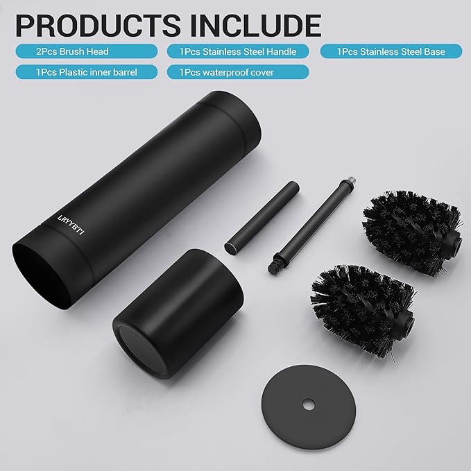 Stainless Steel Toilet Brush with Holder, 2 Black Bristle Heads